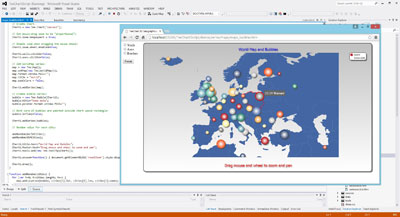 Virtually any editor including notepad may be used to modify TeeChart JS code. This example shows Visual Studio being used to run and debug an example web page.